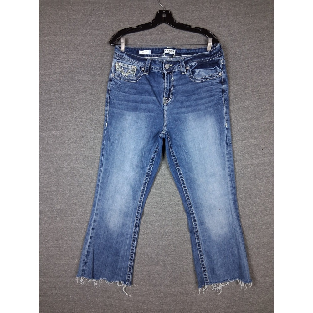 Vigoss Womens Jeans 14‎ Blue Denim Bootcut Cut Off Thick Stitch Embroidered Raw